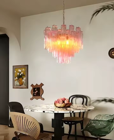 Italian Designer Vintage Texture Glass Ceiling Chandeliers Transparent Pink Home Decoration Hanging Lamps for Living Room Lustre