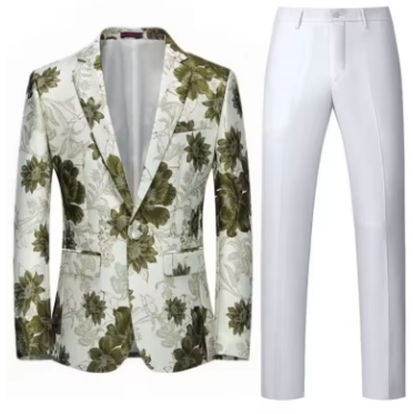 Men Suit 2 Pieces Orange Flower Pattern One Button Business Casual For Wedding Birthday Party Set Jacket And Pants