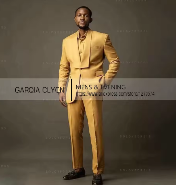 2024 Slim Fit Wedding Suit For Men 2 Pieces Gold Fashion Business Elegant Italian Style Tailcoat