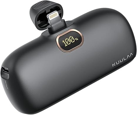Kuulaa Small Portable Charger iPhone with Built-in Lightning Cable 5000mAh Power Bank Fast Charging for iPhone 14/13/13 Pro/12/12 Pro/11/XR/XS/X/8/7/6 Black